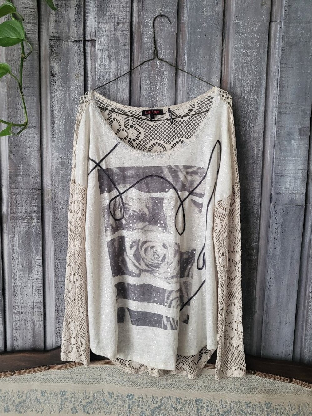 Lulu Love Tricotto Knit Lace Floral Sequin Top Rose Graphic Long Sleeve Blouse